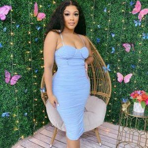 Light Blue Spaghetti Strap Runched Dress